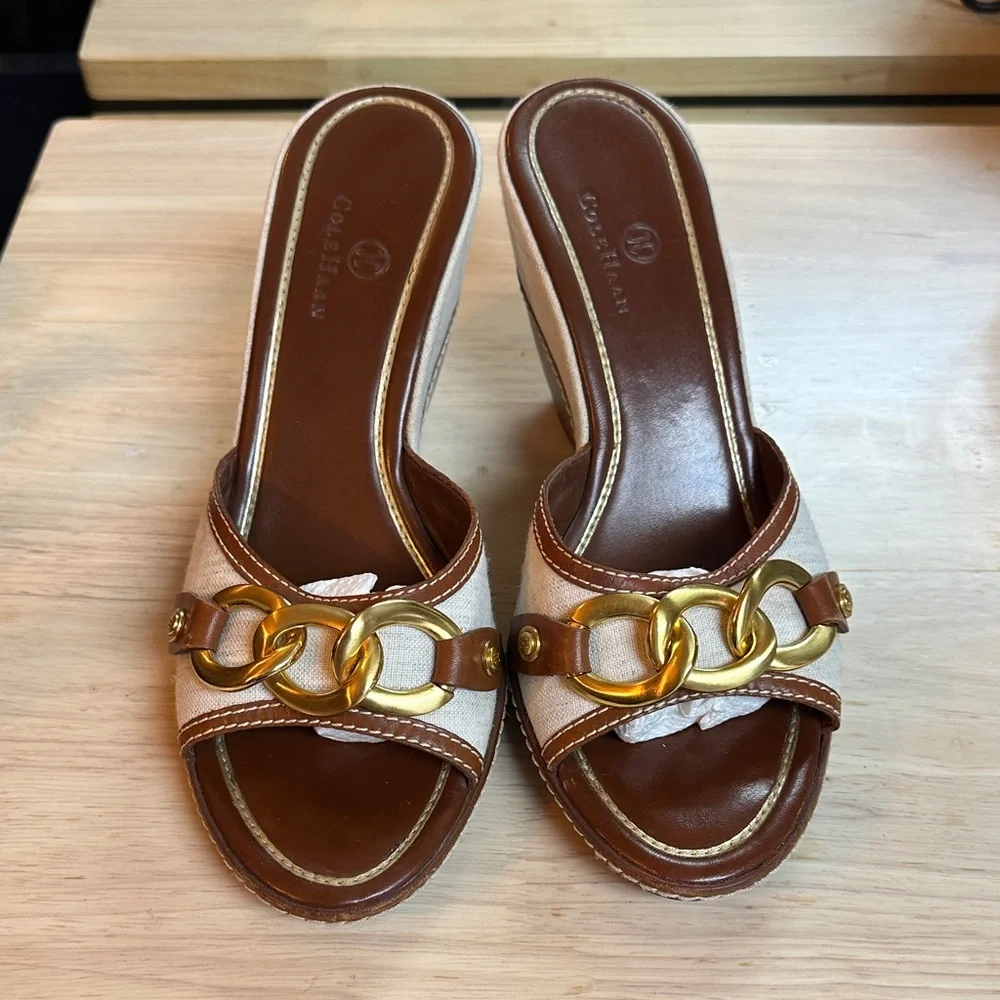 Cole Haan Brown Gold Chain Wedge Slides - Picture 1 of 5